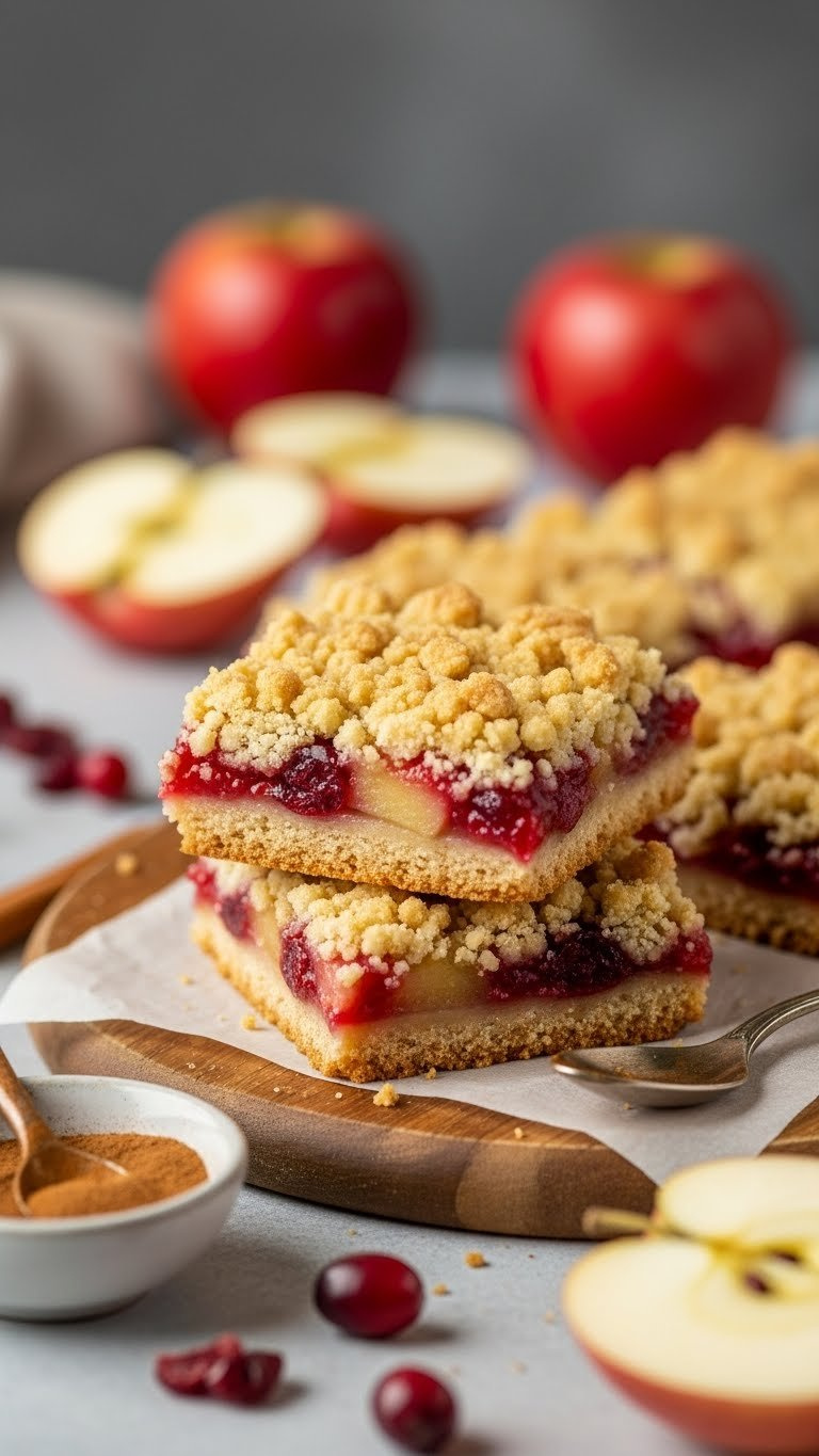 Sugar-Free Apple Cranberry Crumble Bars Showing Golden Topping And Vibrant Filling On Rustic Wooden Board