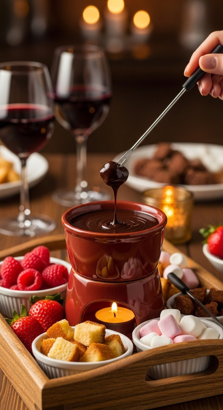 Sugar-Free Chocolate Fondue For Two With Keto Dippers: Strawberries, Cake, Marshmallows. Romantic Low Carb Dessert.