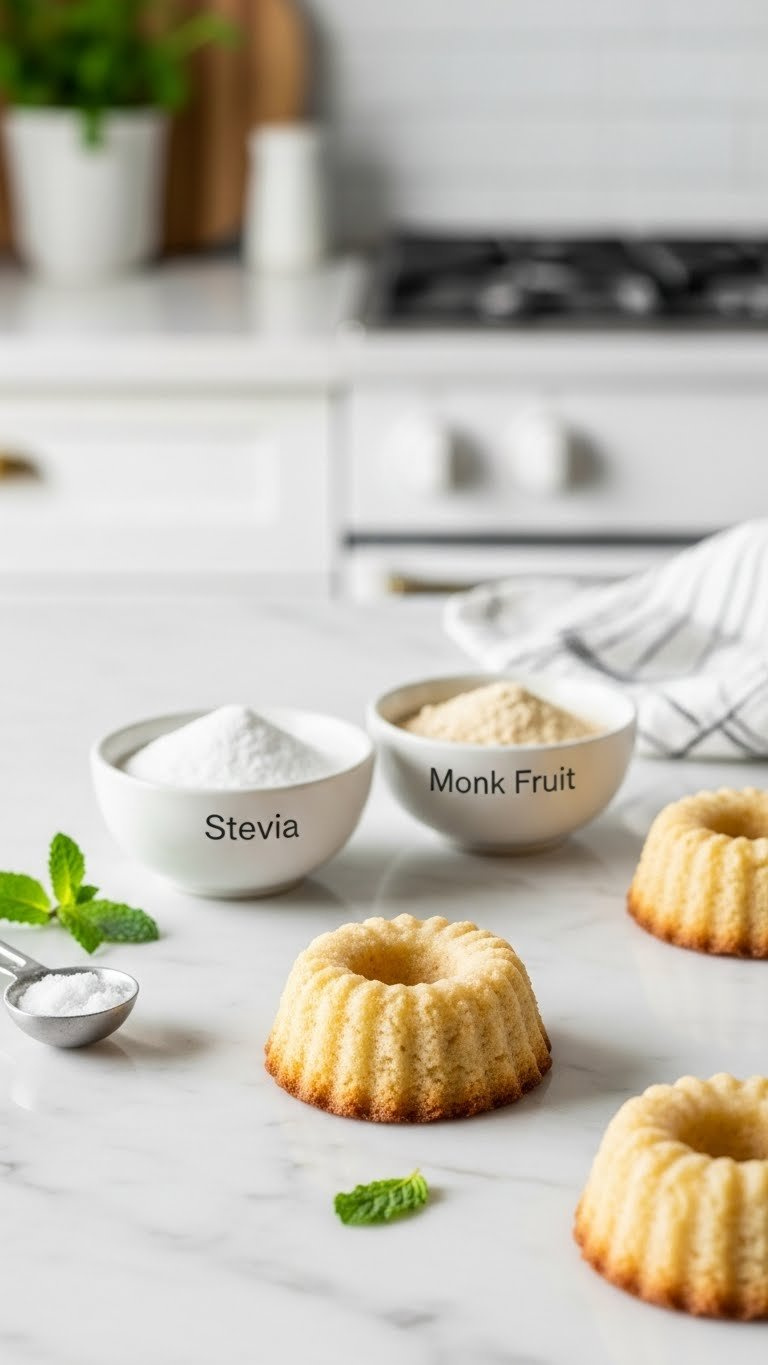 Sugar-Free Cookie With Golden Edge, Stevia And Monk Fruit Powder Bowls With Measuring Spoon On Marble Countertop.