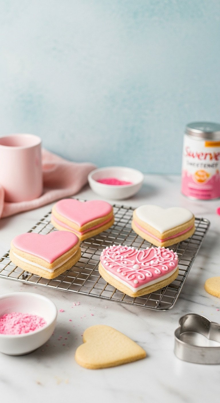 Sugar-Free Heart Valentine Cookies With Pink &Amp; White Royal Icing On Cooling Rack. Keto-Friendly Dessert For Celebrations.