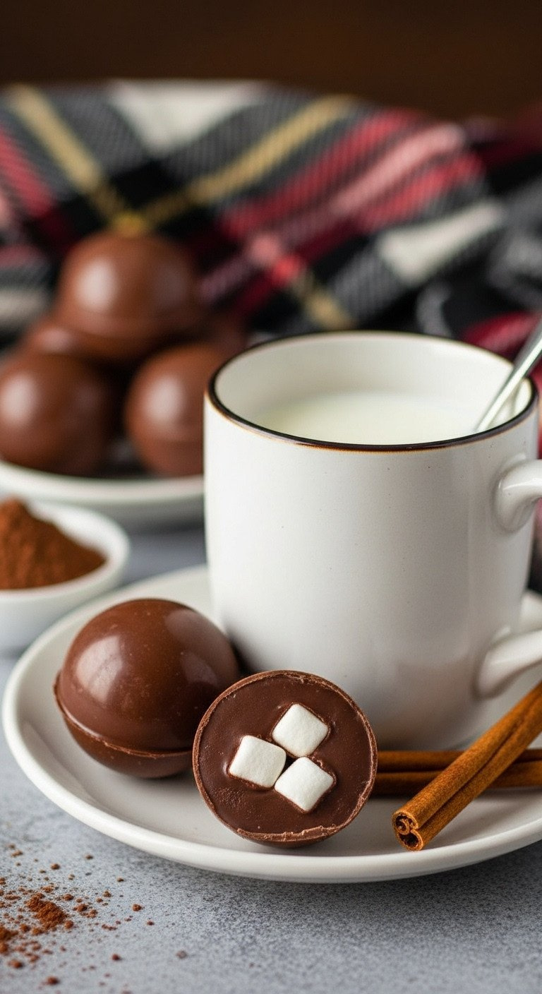 Sugar-Free Hot Chocolate Bombs With Marshmallows, Beside A Warm Mug Of Milk. Cozy Winter Keto Drink, Cinnamon Sticks.