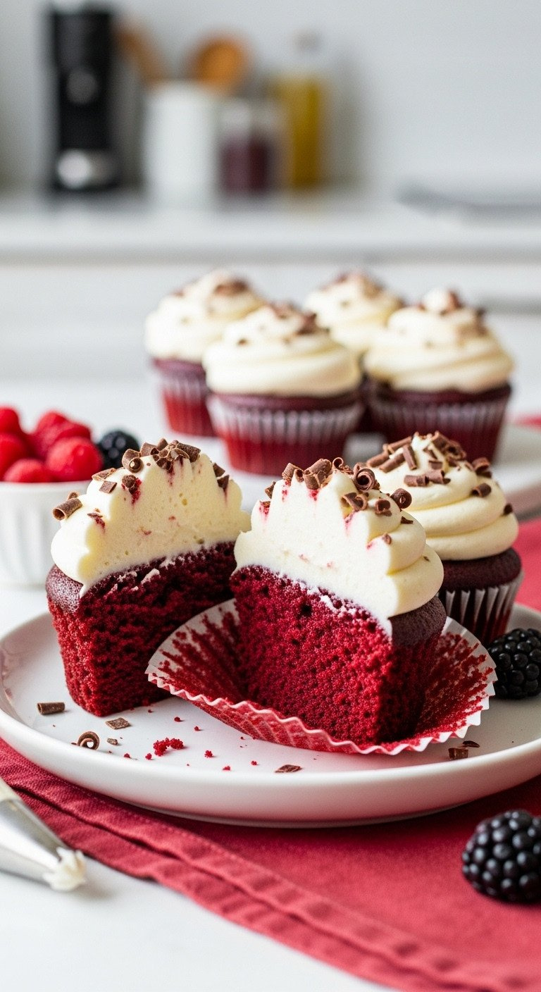 Sugar-Free Keto Red Velvet Cupcakes With Cream Cheese Frosting, Chocolate Curls, Berries On A Red Tablecloth. Delicious Low Carb Dessert.