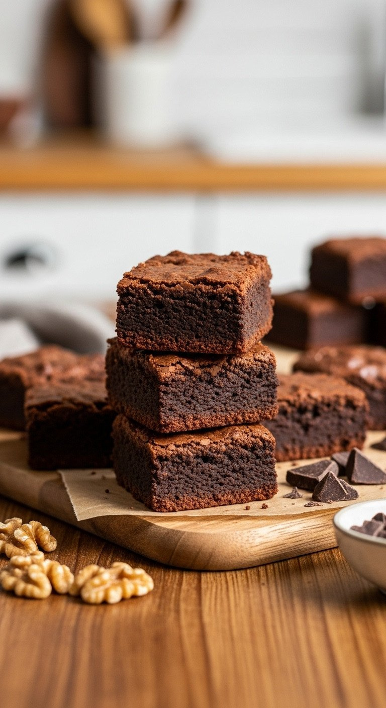 Sugar-Free Low-Carb Brownie Bites, Fudgy With Crackly Top, Stacked On Wooden Board. Keto Dessert With Walnuts &Amp; Chocolate.