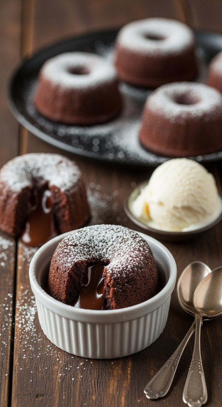 Sugar-Free Mini Chocolate Lava Cake With Oozing Molten Center, Dusted Sweetener, Vanilla Ice Cream. Decadent Low Carb Dessert.