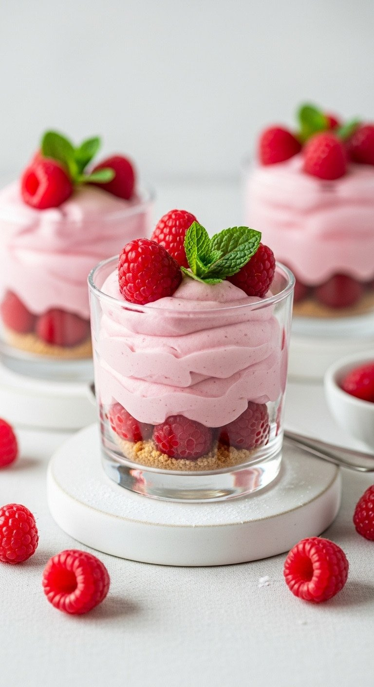 Sugar-Free No-Bake Raspberry Mousse Cup, Light Pink, Topped With Fresh Raspberries And Mint. Fresh, Healthy Dessert.