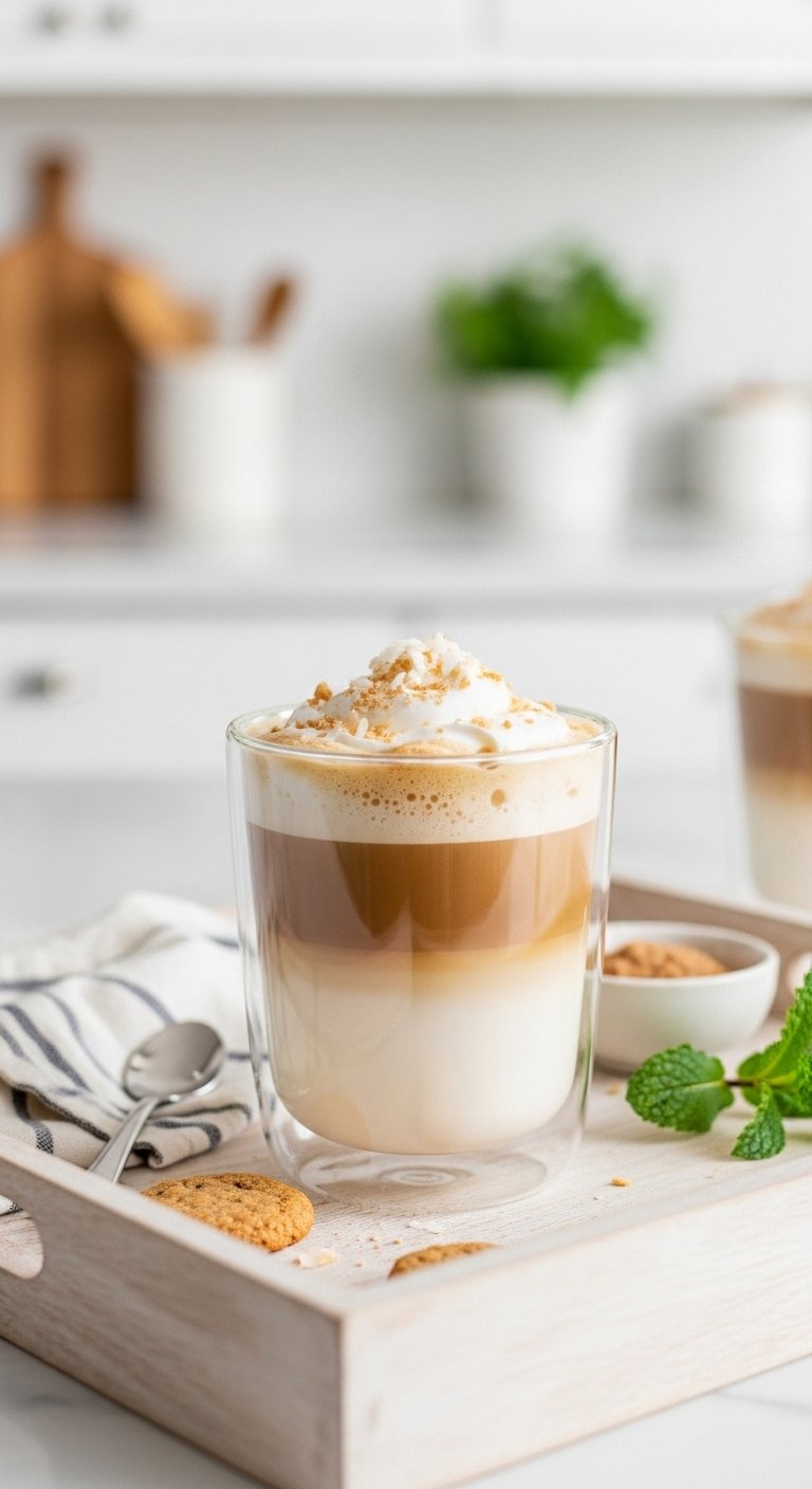Sugar-Free Sugar Cookie Latte With Coconut Flakes In A Minimalist Glass On A Light Wooden Tray.