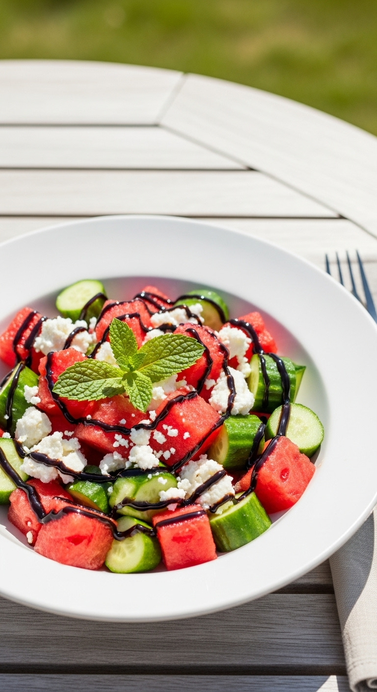 Summer Cucumber And Watermelon Salad With Feta And Mint Drizzled With Balsamic Glaze On An Outdoor Table