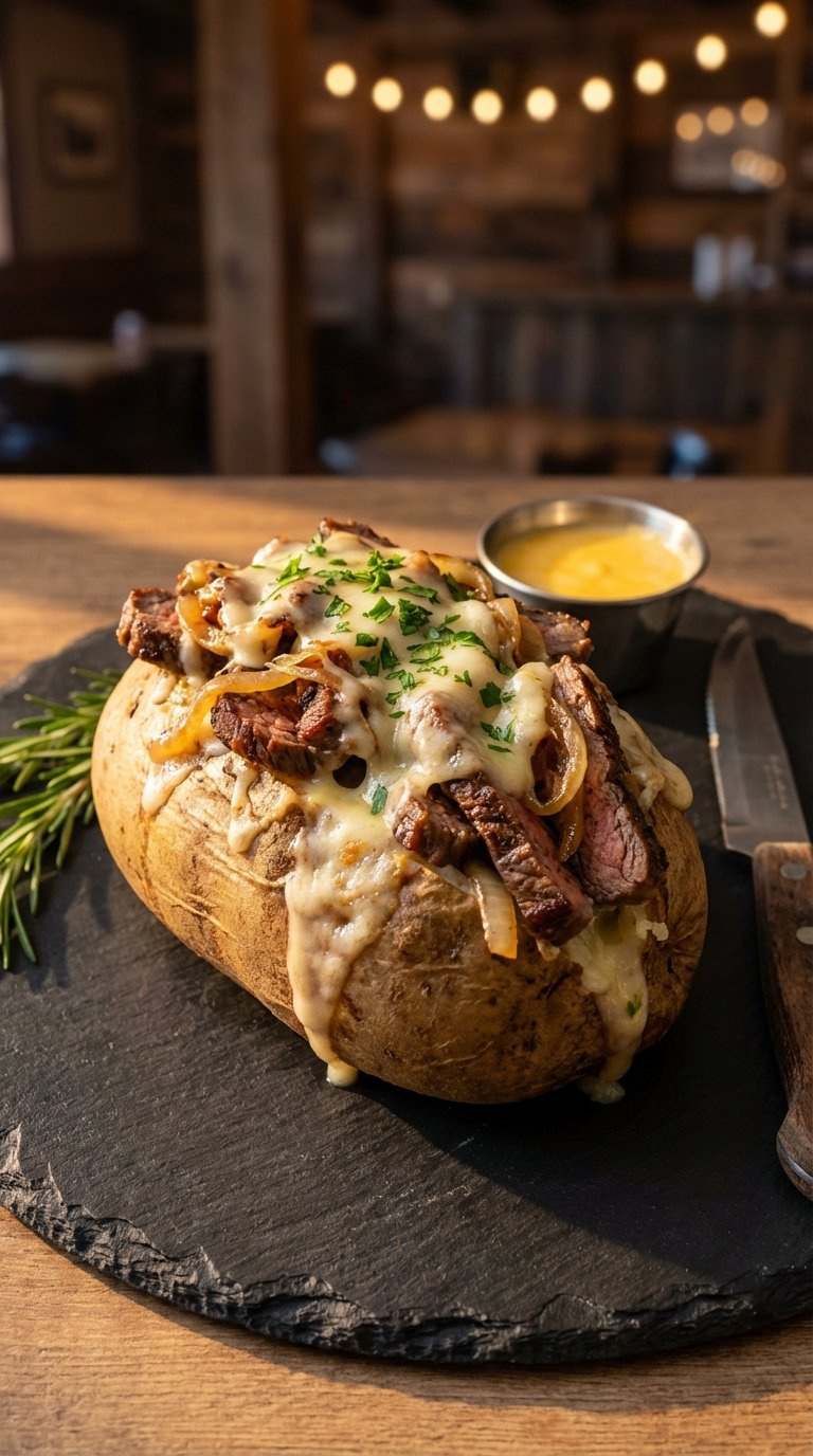 Sumptuous Philly Cheesesteak Baked Potato With Sautéed Steak, Caramelized Onions, Melted Provolone Cheese, And Parsley Garnish.