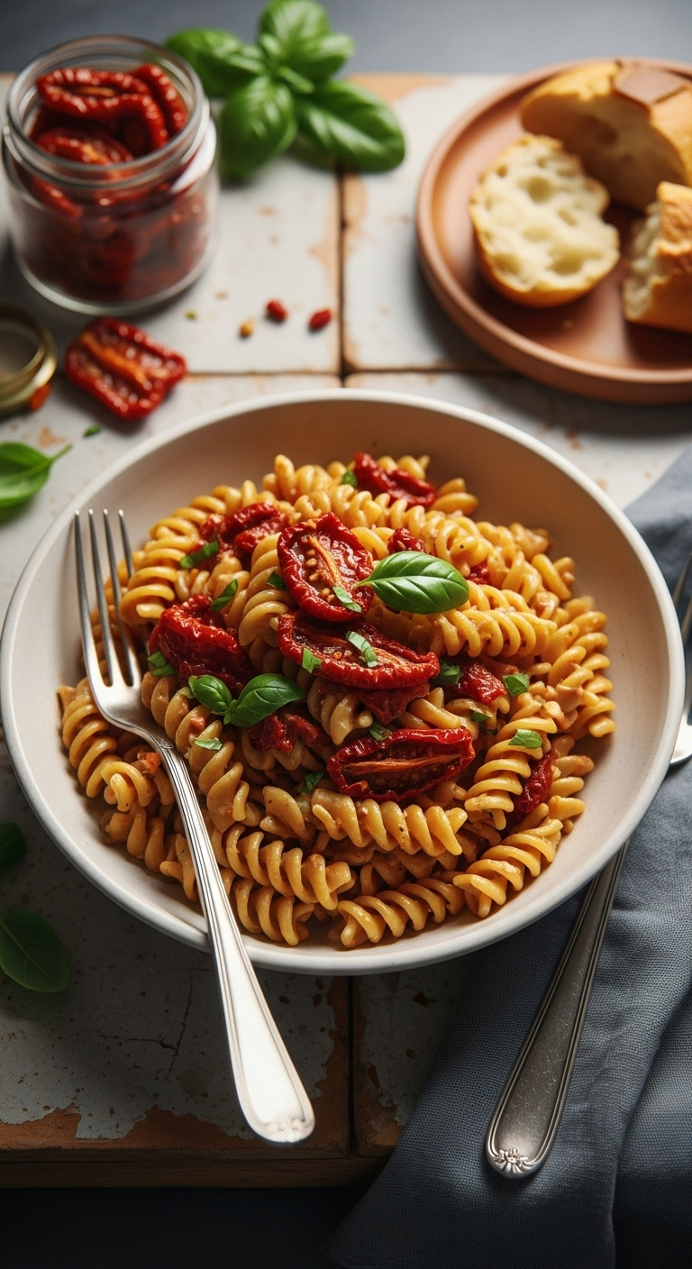 Sun-Dried Tomato Rotini Pasta With Creamy Sauce And Basil In A Bowl On Distressed Tile With Sun-Dried Tomatoes And Crusty Bread