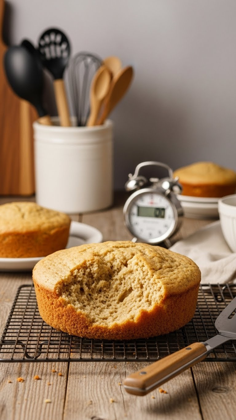 Sunken, Deflated Cake With Dense Texture On A Cooling Rack. Illustrates Baking Failure In A Professional Kitchen.