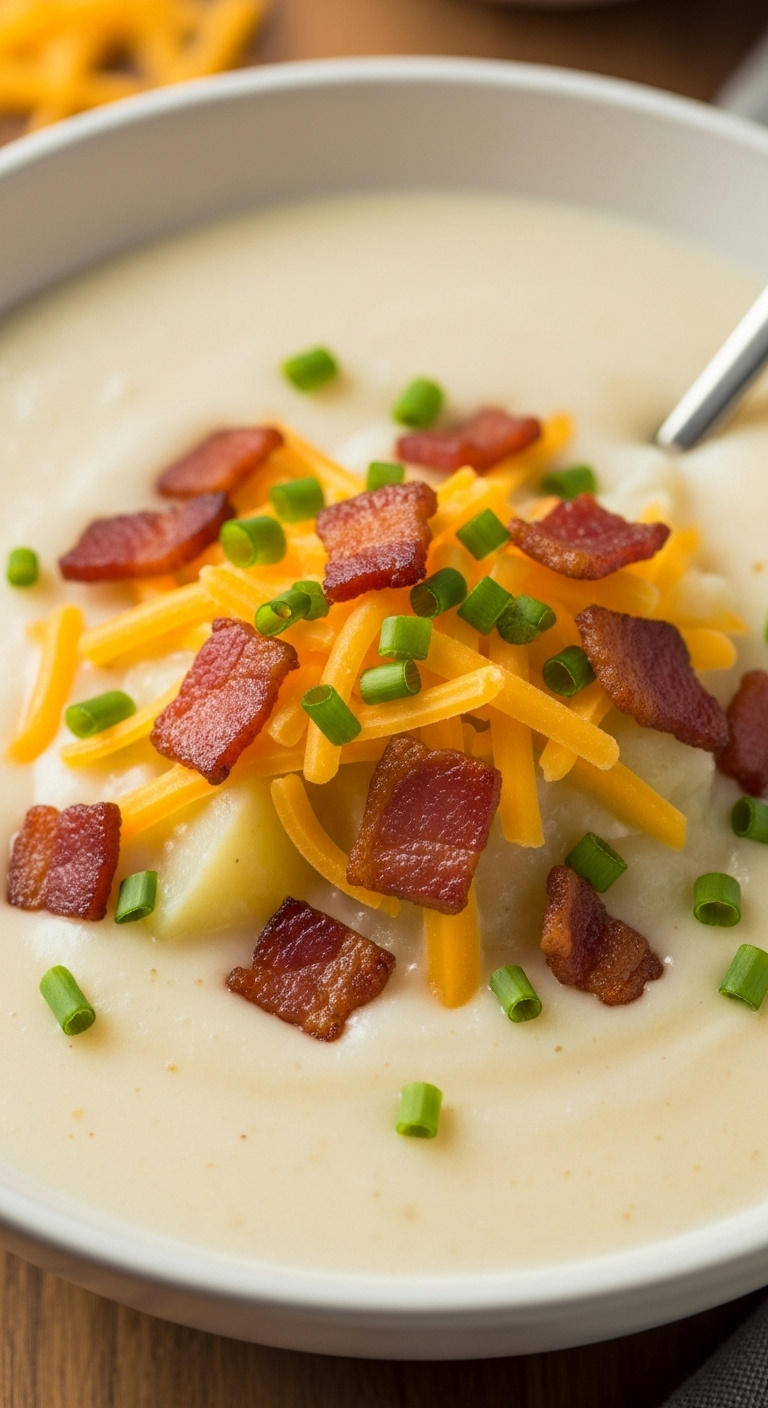 Super Easy 4 Ingredient Potato Soup With Bacon Cheddar And Chives In A Simple Bowl With A Spoon