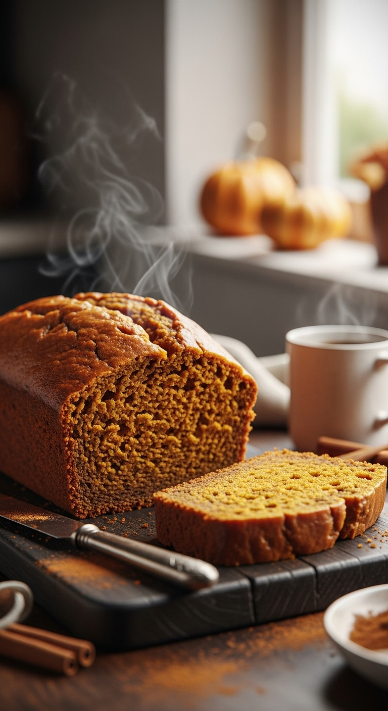 Super Moist Pumpkin Bread Loaf With A Cut Slice Revealing Tender Crumb On A Rustic Cutting Board With Cinnamon Butter Knife And Coffee