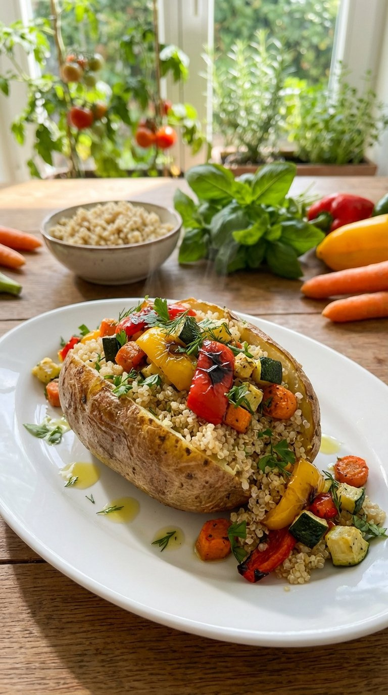 Superfood Quinoa And Veggie Baked Potato With Roasted Peppers, Zucchini And Carrots On White Oval Plate