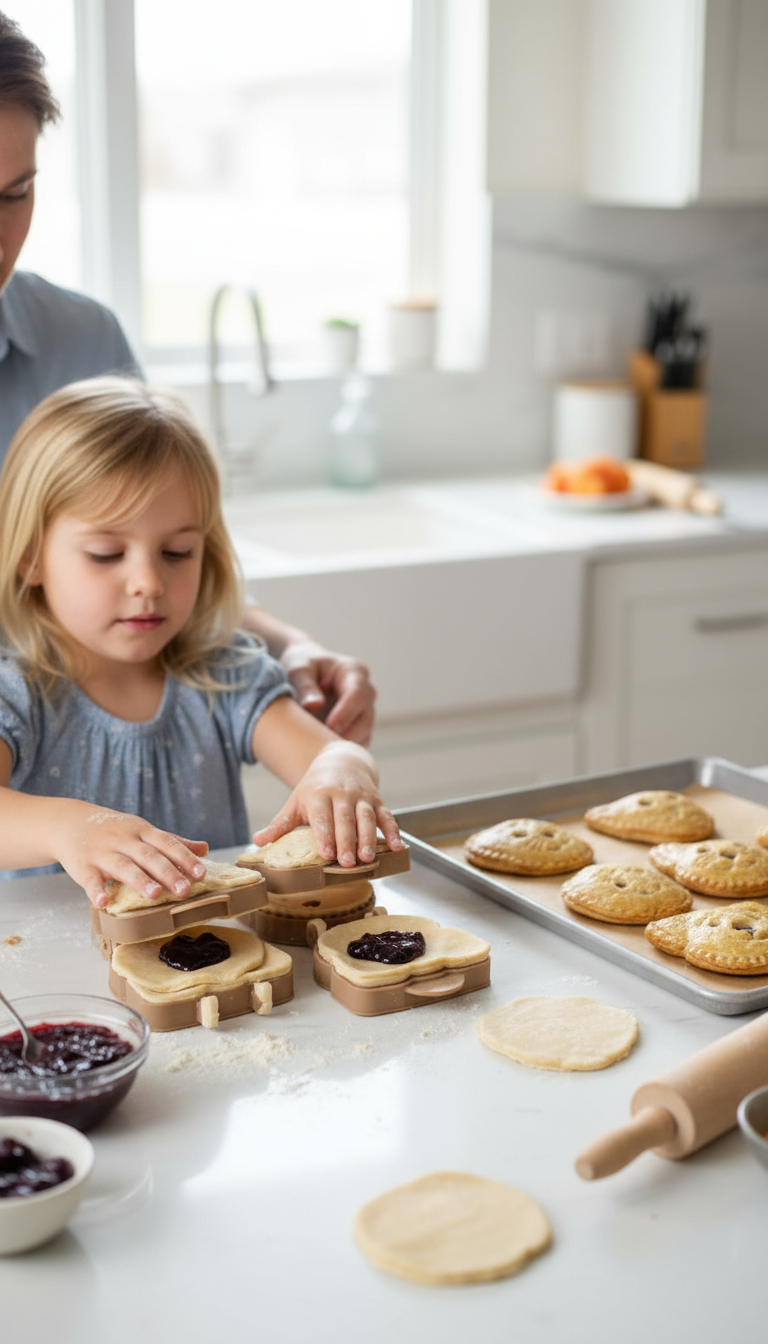 A Photo Collage Showing The Sur La Table Cat &Amp; Dog Pie Molds In Action: One Picture Of Dough Being Placed, One Of The Mold Being Pressed Shut, And One Of A Finished Pie Next To The Mold.