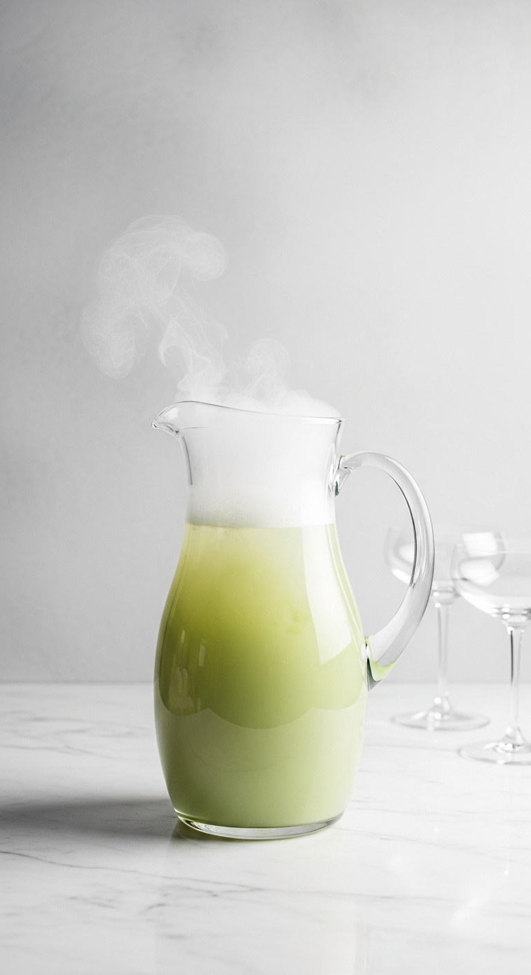 Swamp Gasses Green Matcha Punch With Dry Ice Smoke In A Sleek Glass Pitcher On A White Marble Countertop