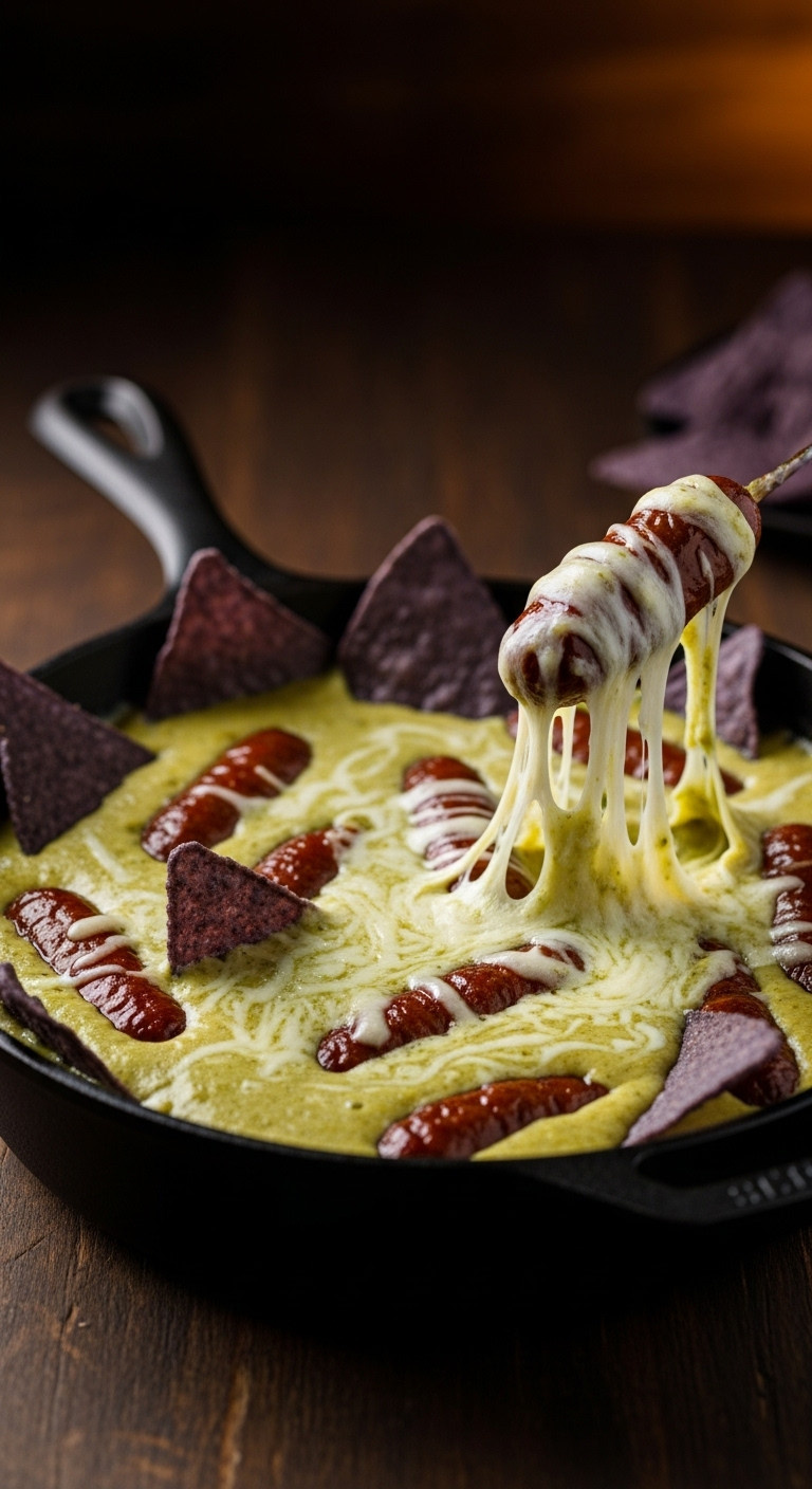 Swamp Monster Smokies In Bubbling Green Chili Queso In A Cast Iron Skillet With Blue Corn Tortilla Chips