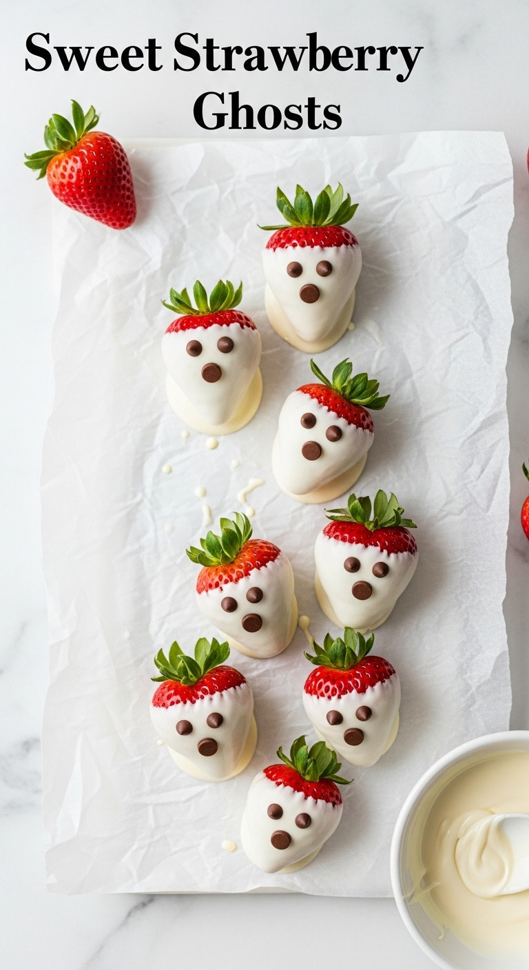 Sweet Strawberry Ghosts On Parchment Paper With Fresh Strawberries And Melted White Chocolate In Bright Daylight
