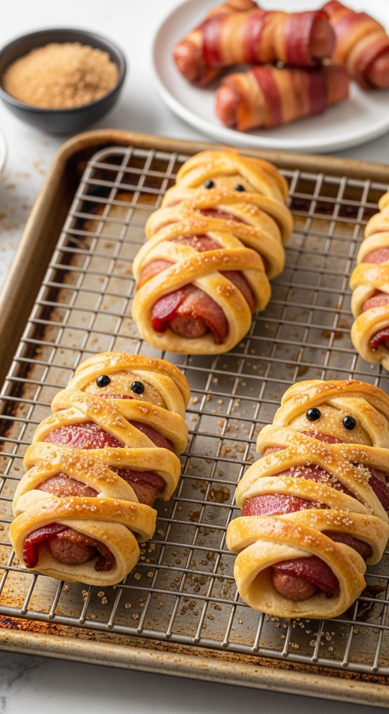 Sweet And Salty Bacon Wrapped Mummies On A Wire Rack With Crispy Bacon And A Glistening Brown Sugar Glaze