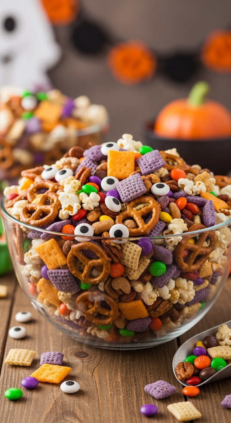 Sweet And Salty Monster Mash Snack Mix With Candy Eyes, Pretzels, And M&Amp;M's In A Glass Bowl For Halloween Parties.