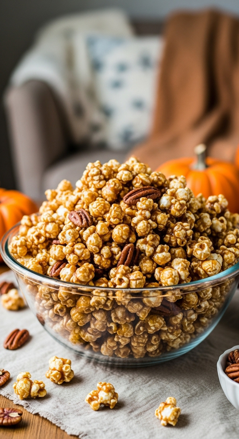 Sweet And Salty Praline Caramel Corn With Toasted Pecans In A Glass Bowl