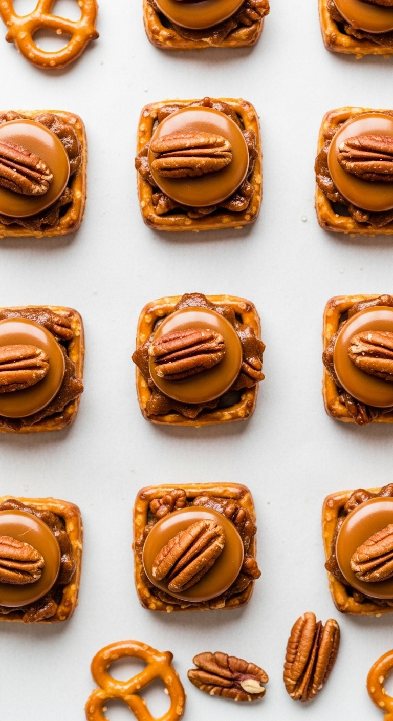 Sweet And Salty Pretzel Bites With Melted Caramel And Pecan Halves On Parchment Paper, Golden-Brown And Glossy, Bright Lighting.