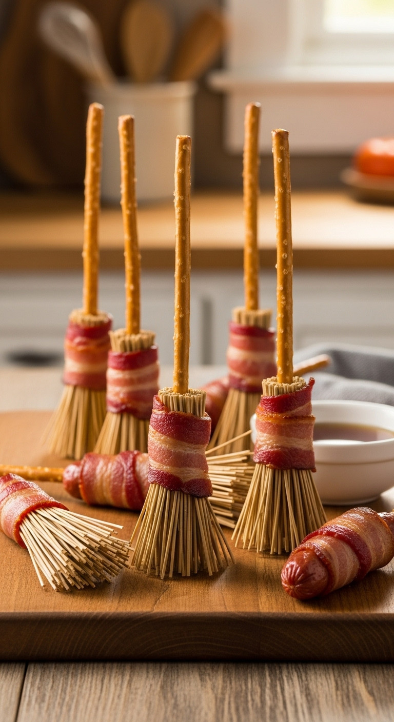 Sweet And Salty Witches Brooms Made Of Lil Smokies Wrapped In Bacon With Pretzel Stick Handles On A Rustic Wooden Board