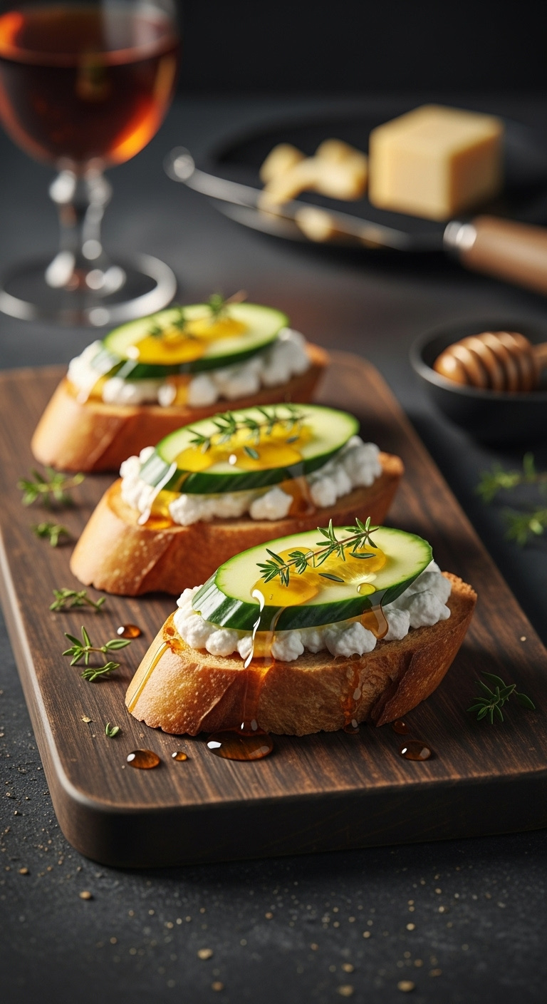 Sweet And Savory Goat Cheese Crostini With Cucumber Honey And Thyme On A Rustic Wooden Board