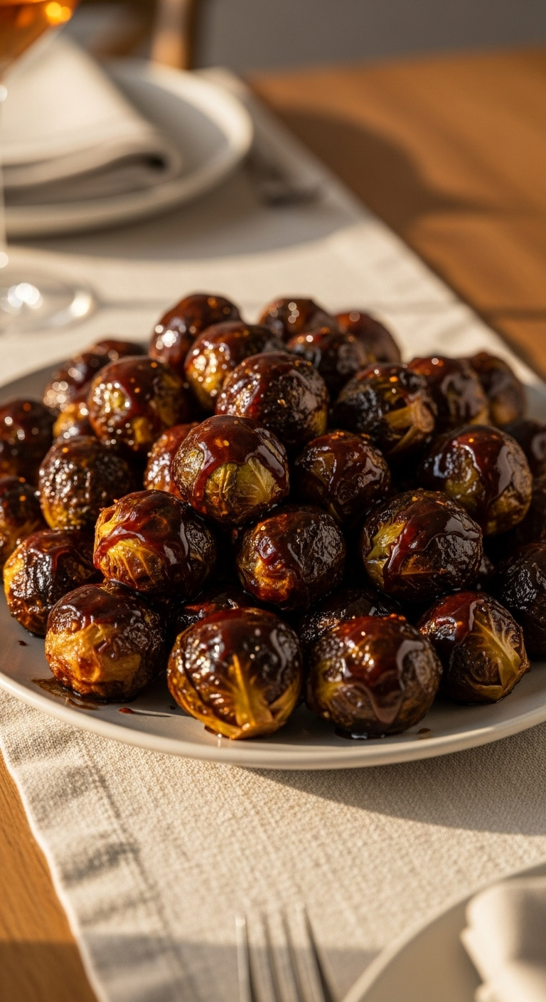 Sweet And Savory Honey Balsamic Roasted Brussels Sprouts With Thick Glossy Glaze On A Family Style Serving Platter