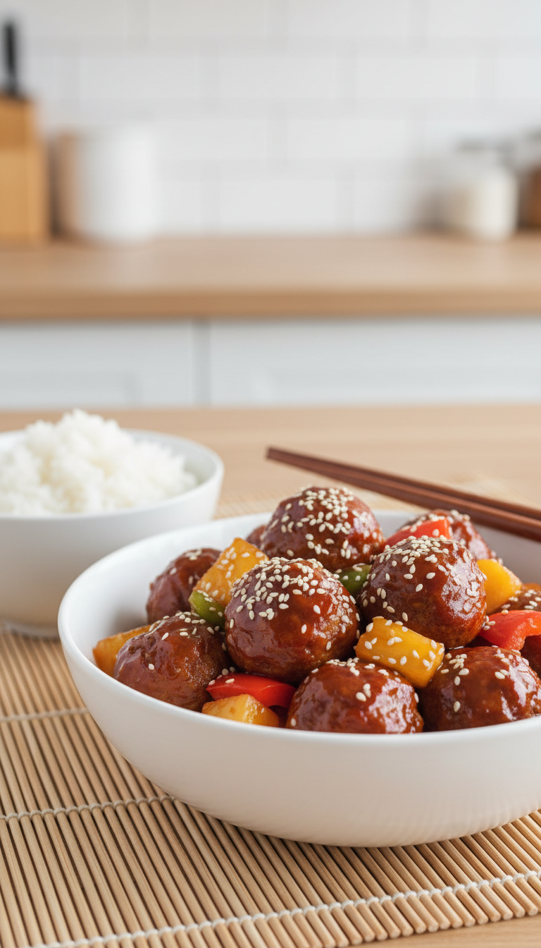 Sweet And Sour Meatballs With Pineapple Chunks And Bell Peppers Glazed In A Rich Red Sauce.