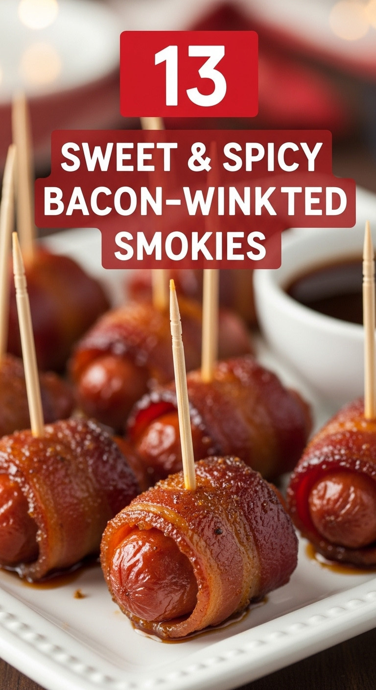 Sweet And Spicy Bacon Wrapped Smokies With Caramelized Glaze And Toothpicks On A White Ceramic Serving Platter