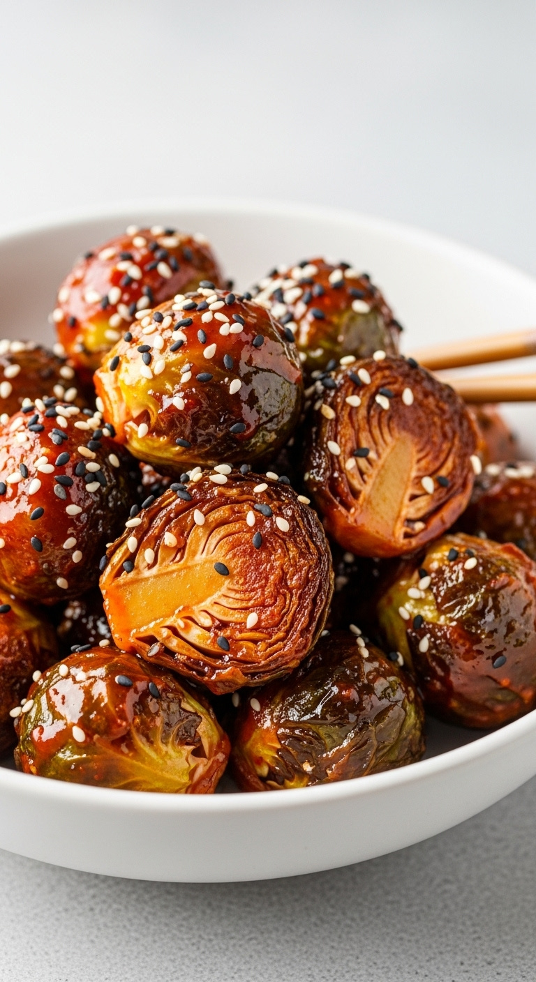 Sweet And Spicy Honey Sriracha Air Fryer Brussels Sprouts In A White Bowl With Sesame Seeds And Chopsticks