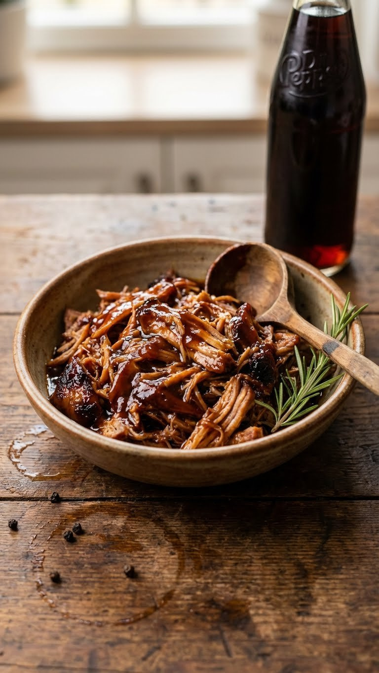 Sweet And Tangy Dr. Pepper Instant Pot Pulled Pork With A Dark Glaze In A Rustic Ceramic Bowl, With A Dr. Pepper Bottle Nearby.