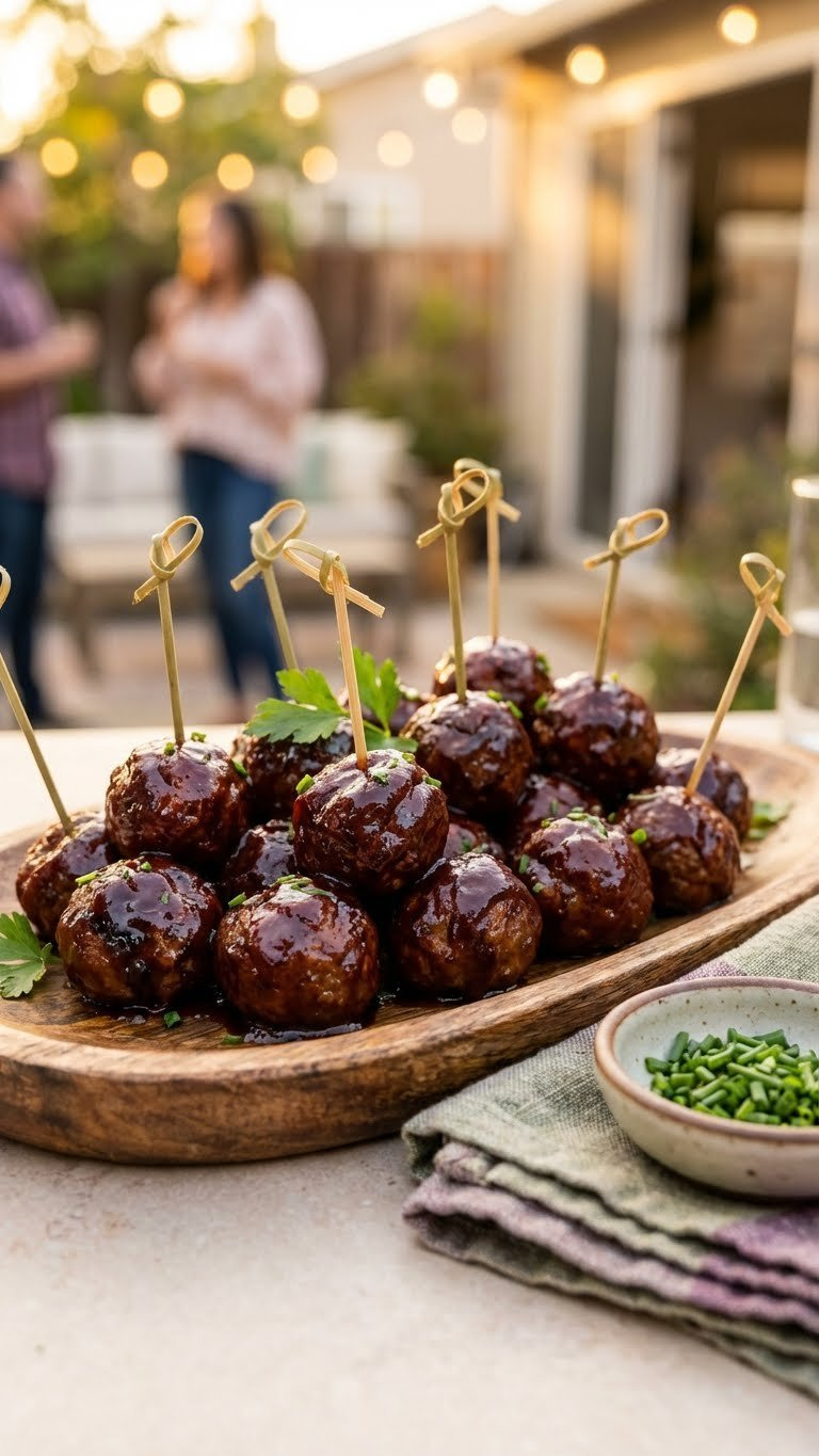 Sweet And Tangy Instant Pot Grape Jelly Meatballs With Cocktail Picks, Glistening On Rustic Platter.