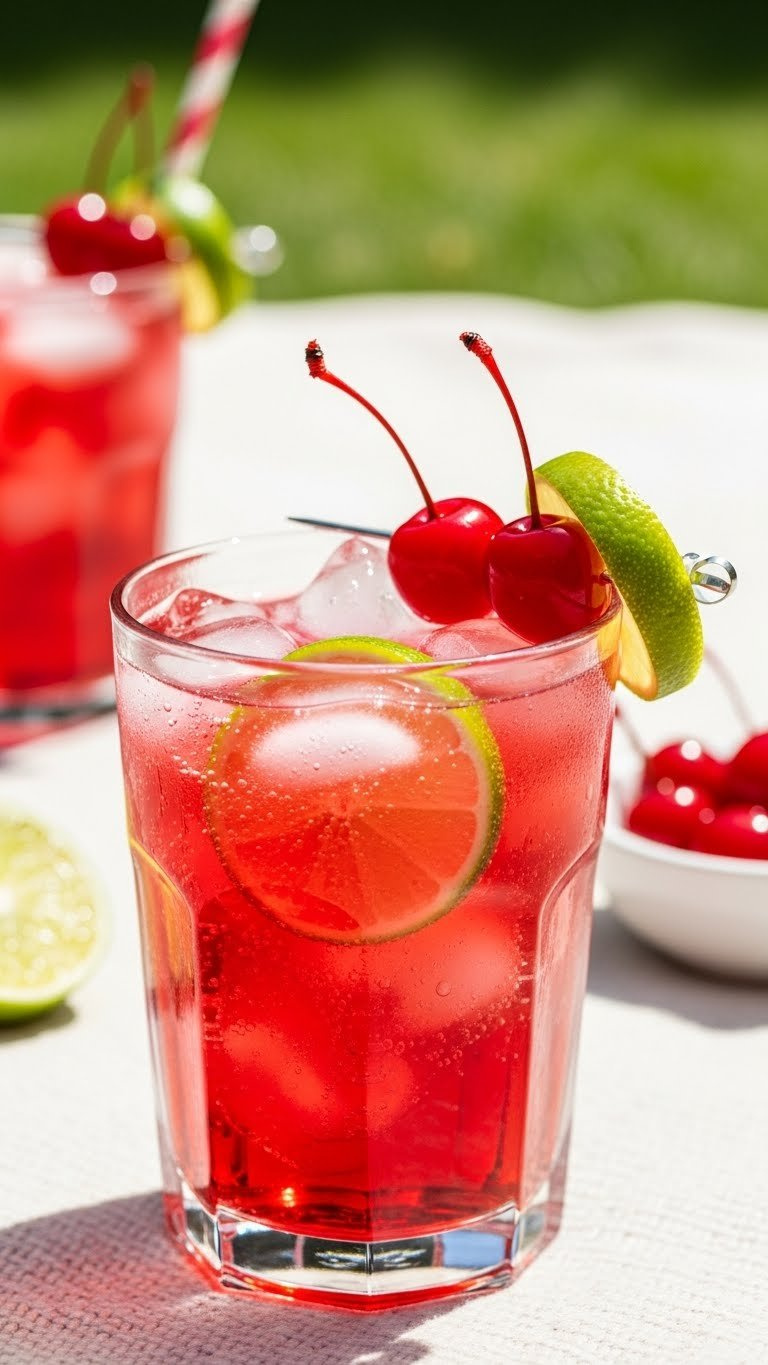 Sweet Cherry Sprite Fizz In Clear Tumbler With Ice Cubes, Maraschino Cherries, And Lime Peel On Sunny Outdoor Picnic Blanket