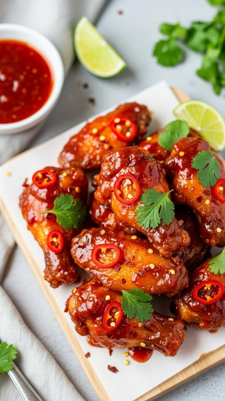 Sweet Chili Glazed Baked Chicken Wings With Red Chili Flakes And Cilantro On Light-Colored Wooden Board