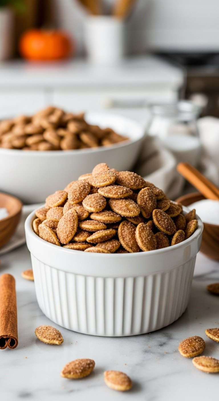 Sweet Cinnamon Sugar-Coated Roasted Pumpkin Seeds In A White Ceramic Bowl On Marble, With Cinnamon Stick And Cane Sugar.