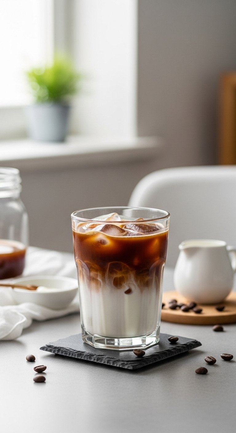 Sweet Cream Cold Brew Latte With Cascading Cream Layer And Ice On A Dark Slate Coaster.