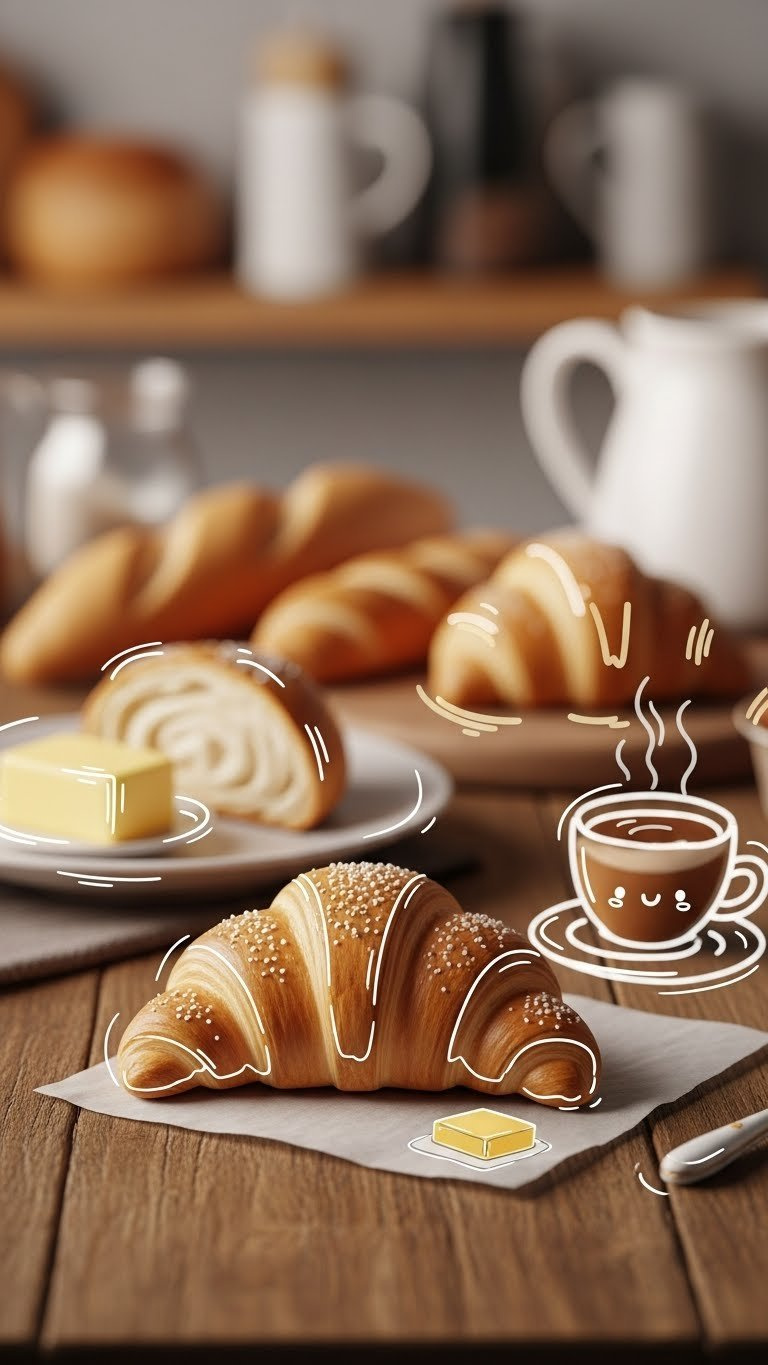 Sweet Croissant Doodle With Hand-Drawn Texture Marks On Rustic Wooden Table, Featuring Drawn Butter And Coffee Cup