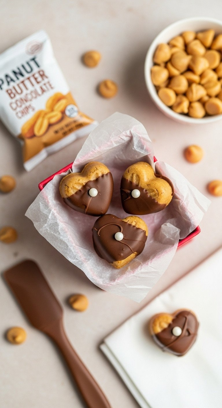 Sweet Heart-Shaped Peanut Butter Treats, Milk Chocolate Dipped With A White Pearl, In A Decorative Box, Homemade Candy.