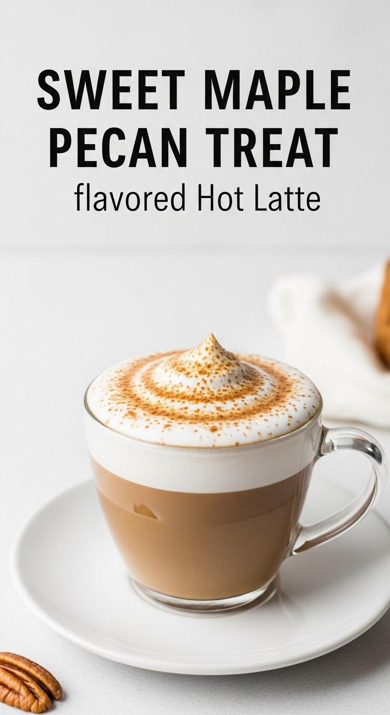 Sweet Maple Pecan Treat Latte Topped With Whipped Cream And Pecans On Wood.