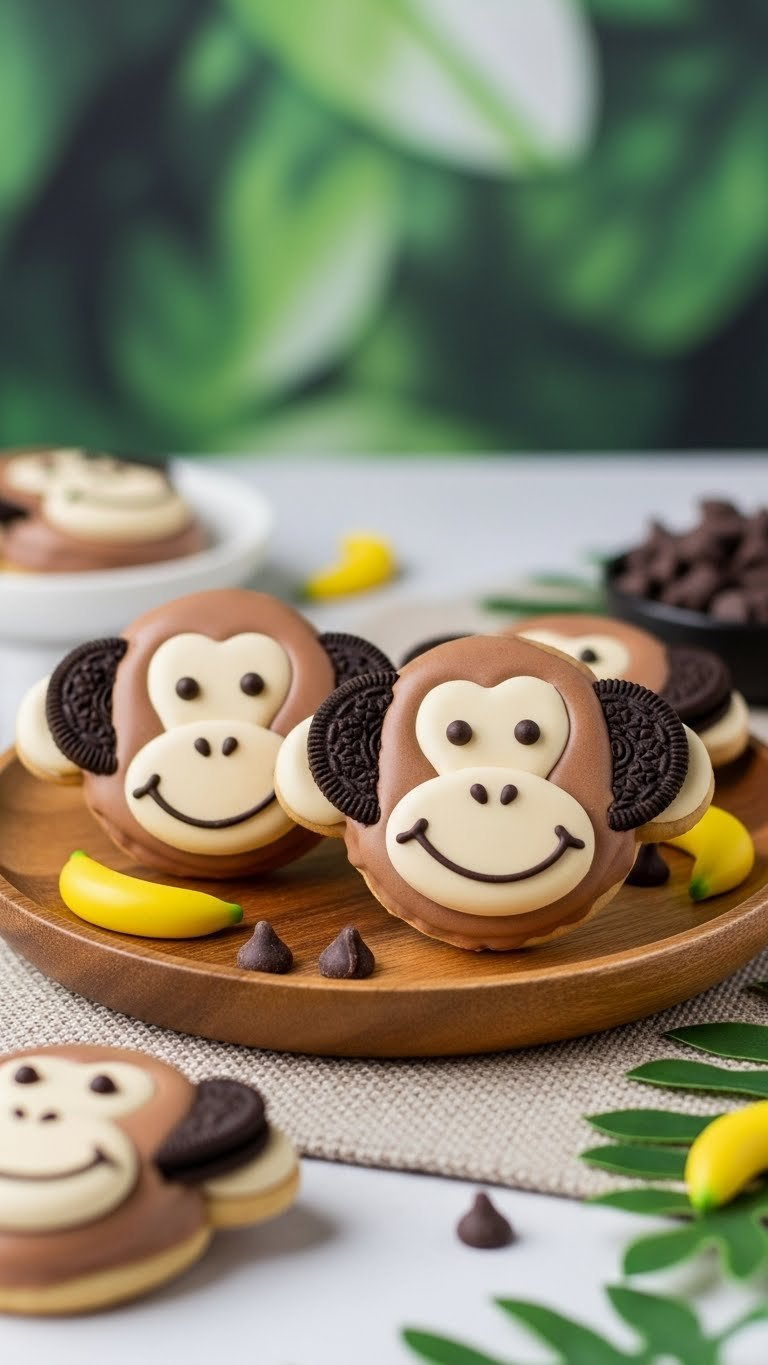 Sweet Monkey Face Cookies With Brown Frosting And Oreo Ears Arranged On Rustic Wooden Platter With Green Accents