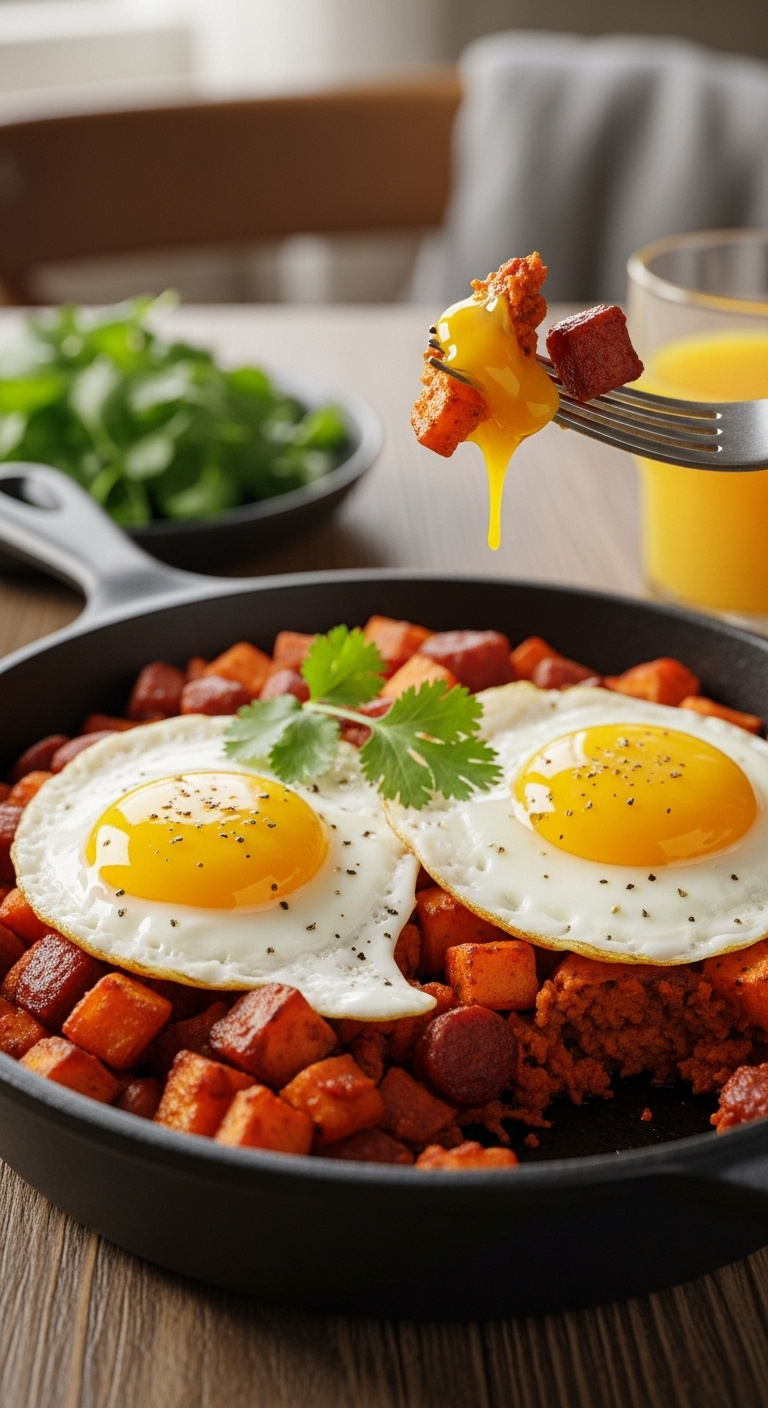 Sweet Potato And Chorizo Hash With Sunny Side Up Eggs And Cilantro In A Cast Iron Skillet On A Rustic Wooden Table