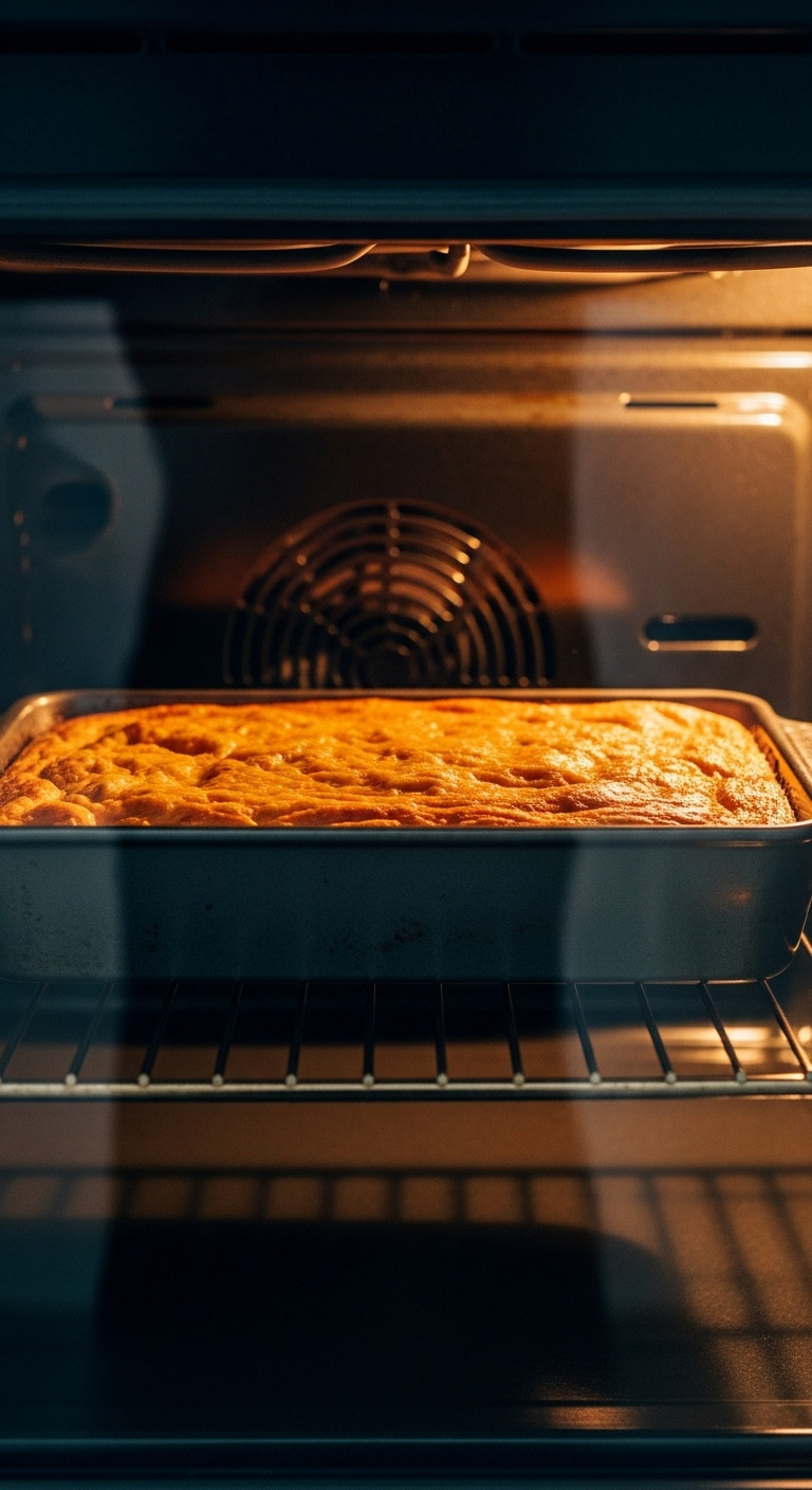 Sweet Potato Casserole Baking In A Warm Oven, Viewed Through The Glass, Edges Bubbling And Top Puffed.