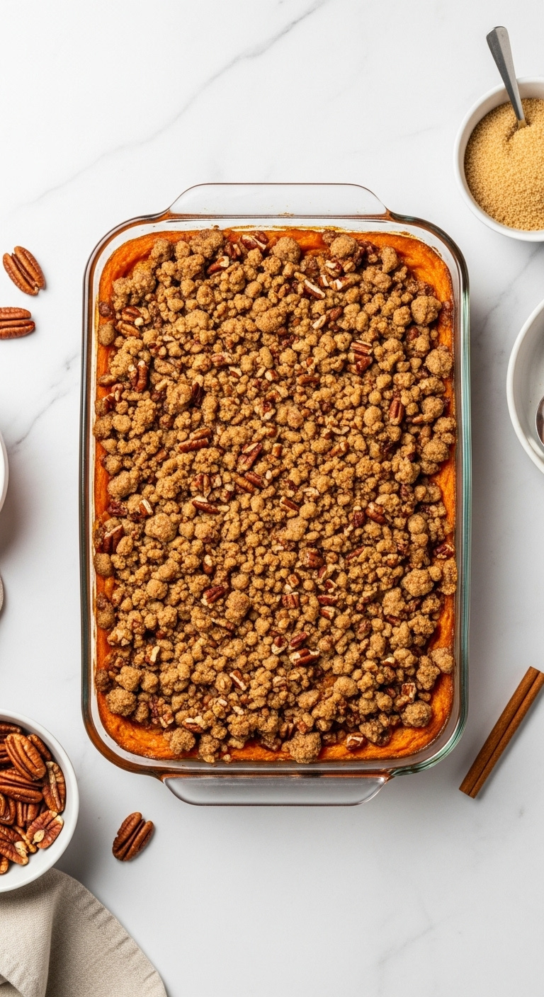 Sweet Potato Casserole With Crunchy Pecan Streusel Topping In A Glass Dish On White Marble With Pecans And Brown Sugar