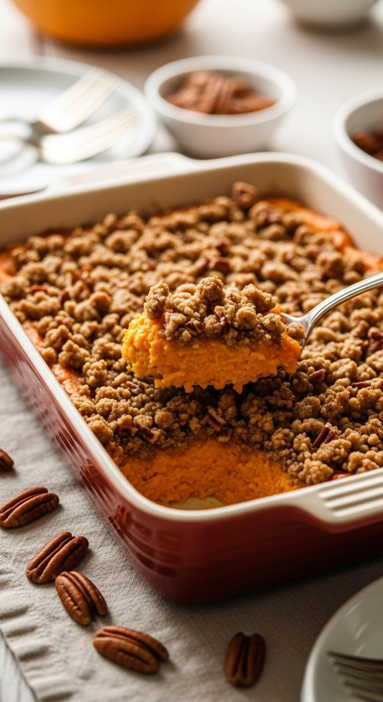 Sweet Potato Casserole With Golden Pecan Streusel, A Spoonful Reveals Creamy Texture, Perfect Holiday Side Dish.