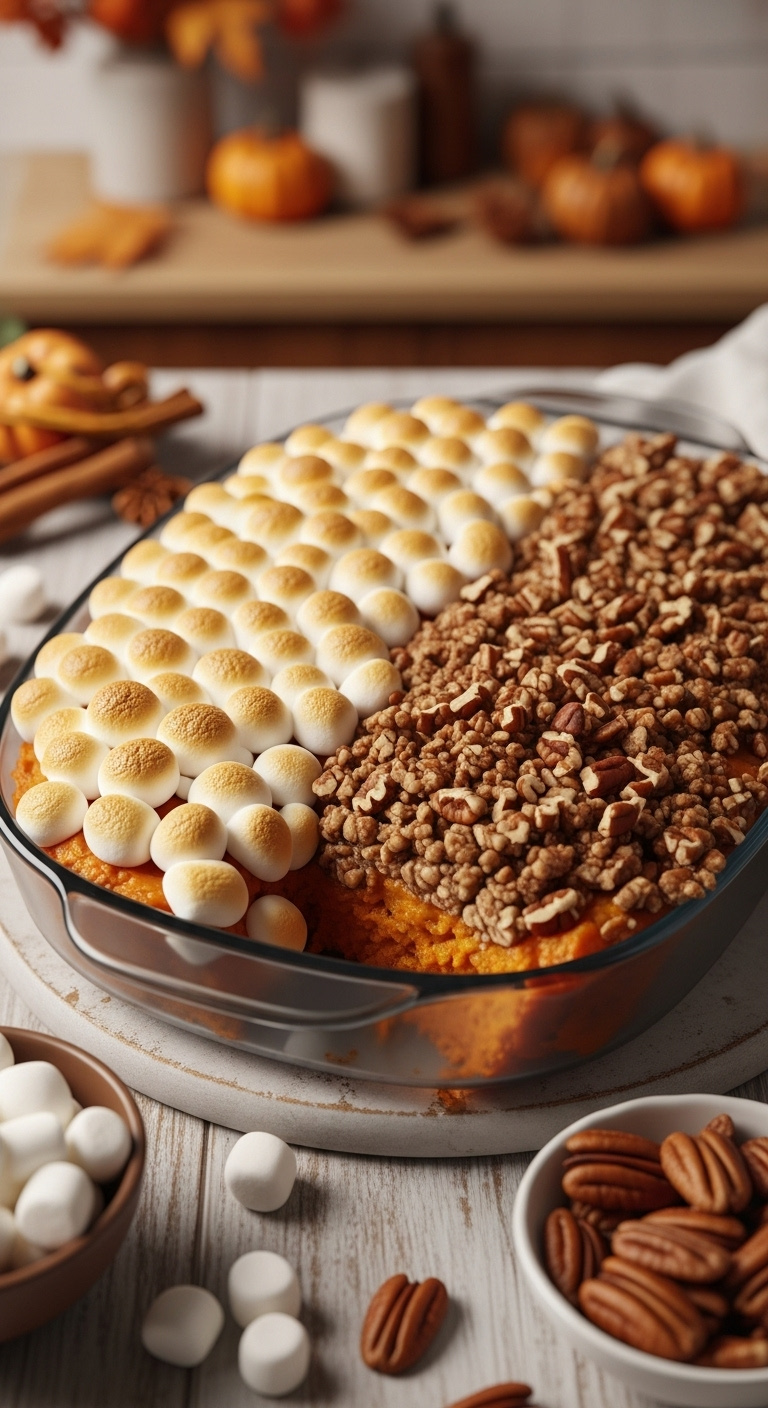 Sweet Potato Casserole With Half Marshmallow And Half Pecan Streusel Topping On A Wooden Surface With Autumn Decor