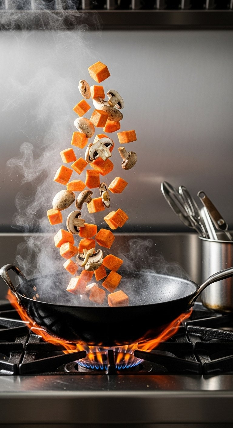 Sweet Potato Cubes And Mushrooms Being Tossed Mid-Air Over A Hot Wok With Visible Steam And Gas Stove Flames.