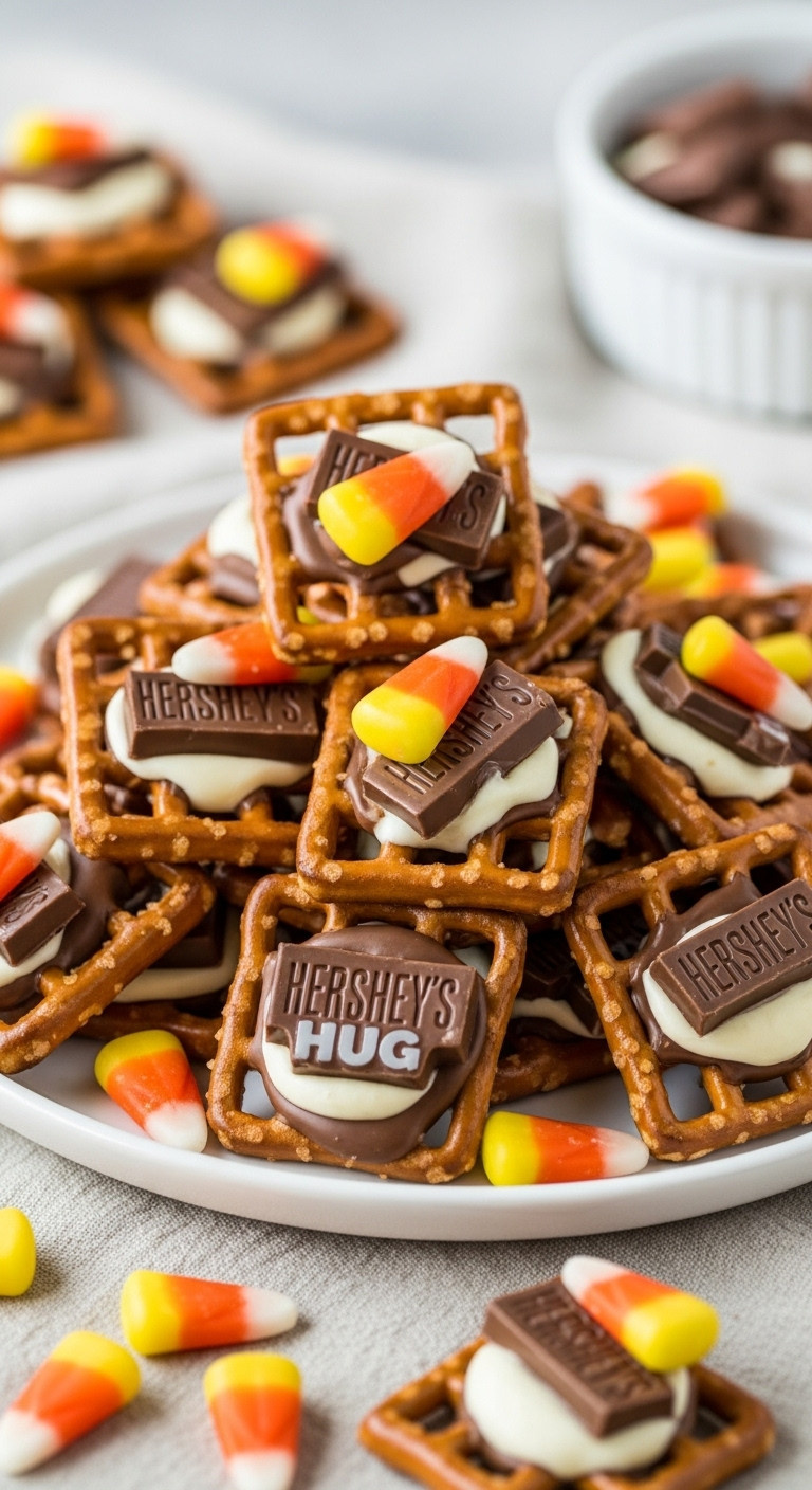 Sweet Salty Candy Corn Pretzel Hugs With Waffle Pretzels Hershey's Hugs And Candy Corn On A White Ceramic Plate