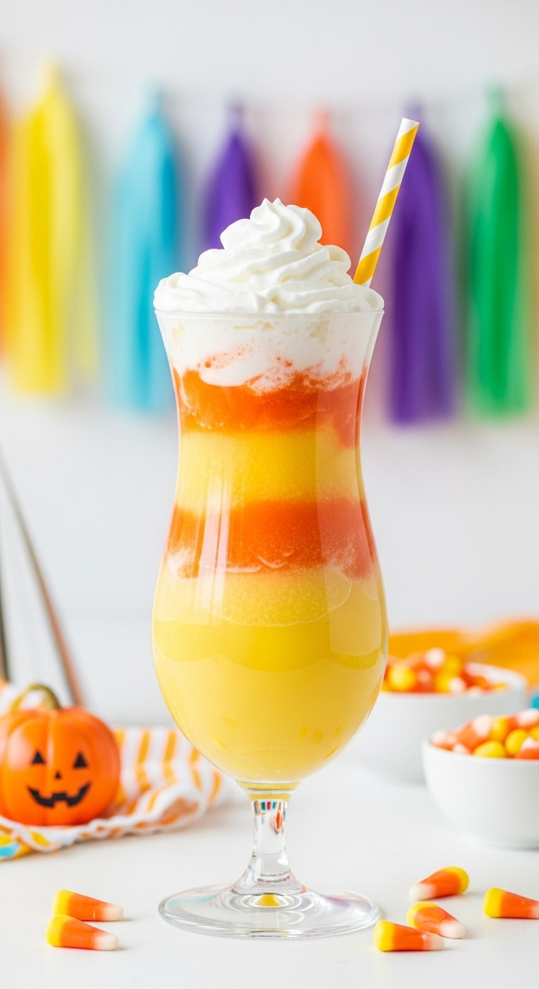Sweet Simple Candy Corn Colada With Layered Yellow Orange And White Frozen Cocktail In A Hurricane Glass