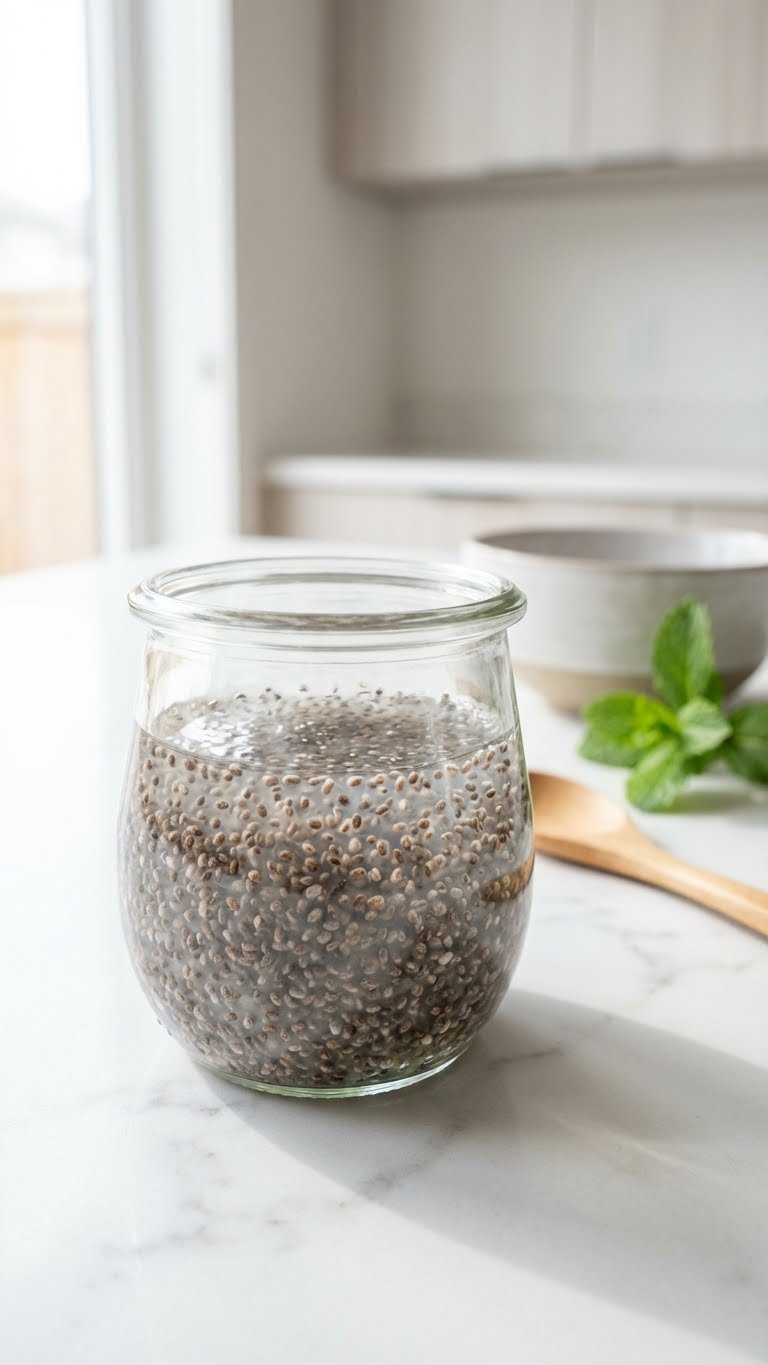 Swelling Chia Seeds Forming Translucent Gel In A Glass Jar On Marble, With A Wooden Spoon And Mint For Healthy Recipes.